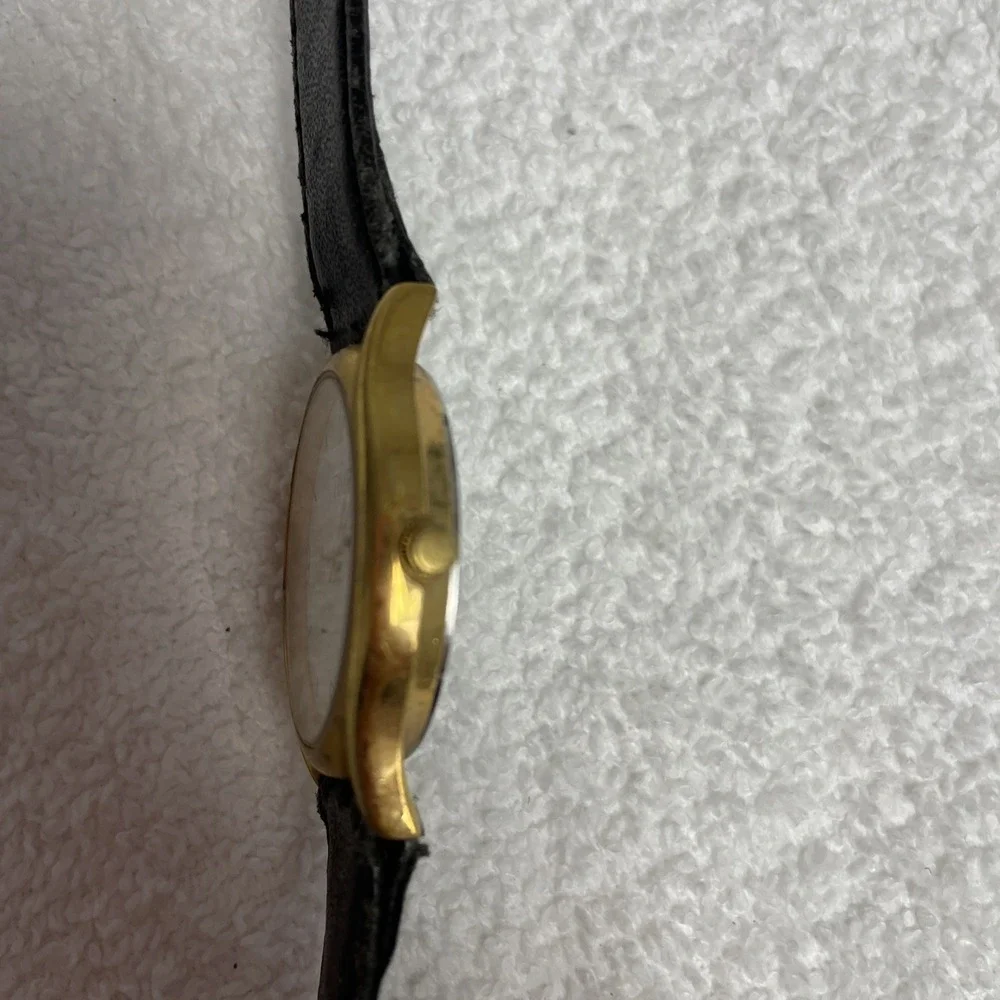 Vintage Mens Time Dressy Gold Tone Black Leather Strap Analog Quartz Watch #7